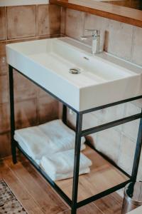 a bathroom sink with a glass shelf under it at Hostal Restaurant Mussons Vins in Poboleda