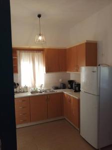 a kitchen with wooden cabinets and a white refrigerator at Vitali sea house I in Vitálion