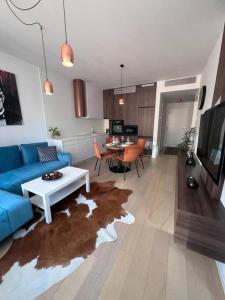 布拉提斯拉瓦的住宿－Apartmán v Starom meste Sky Park s parkovaním，客厅配有蓝色的沙发和桌子