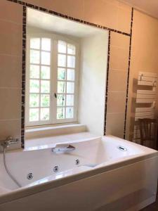 uma casa de banho com uma grande banheira e uma janela em Maison de maître de 1789 rénovée avec piscine em Roannes-Saint-Mary