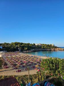 a beach with a lot of chairs and umbrellas at Casa Domingos Cales De Mallorca in Calas de Mallorca