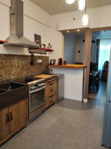 a kitchen with a sink and a stove top oven at Aux portes de Lyon in Saint-Fons
