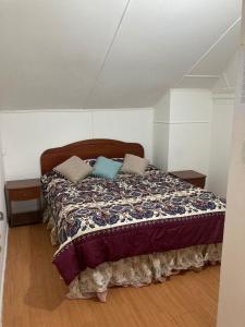 1 dormitorio con 1 cama con 2 almohadas en hospedaje 12 de octubre, en Coyhaique