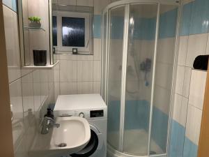 y baño con lavabo y ducha. en Home - Ostružina en Olomouc