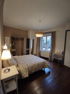 a bedroom with a bed and a desk and a window at Aux portes de Lyon in Saint-Fons