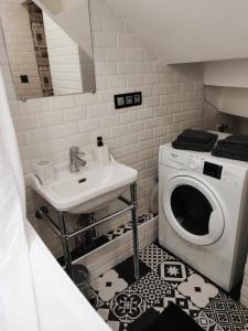 a bathroom with a sink and a washing machine at Aux portes de Lyon in Saint-Fons