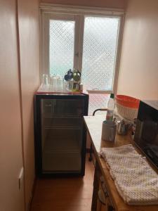 a kitchen with a dishwasher and a window at hospedaje 12 de octubre in Coihaique