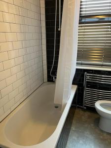a bathroom with a bath tub and a toilet at Stylish, Modern & refurbished flat, 1.5m beach in Southend-on-Sea