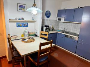 a kitchen with a wooden table and blue cabinets at Möwenblick Bakenberg-41 Ferienwohnung mit Terrasse, Doppelbett, Schlafsofa, vollständige Komfortküche in Dranske