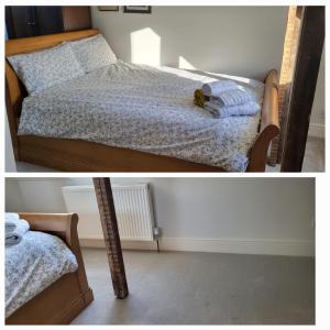 two pictures of a bedroom with a bed and towels at Castle View in Windsor