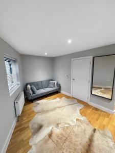 salon z kanapą i dywanem w obiekcie Luxury 1 bedroom Apartment in London overseeing Canary Wharf with free parking w Londynie
