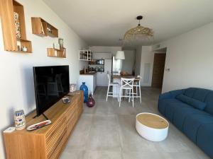 ein Wohnzimmer mit einem blauen Sofa und einem TV in der Unterkunft Le Galatee -T2 luxe les pieds dans l'eau - Porticcio in Grosseto-Prugna