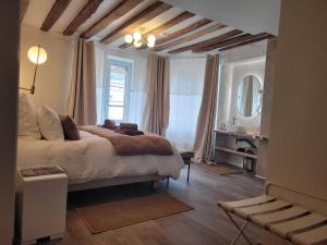 sypialnia z dużym łóżkiem i lustrem w obiekcie Tresors de Sens w mieście Sens