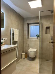 La salle de bains est pourvue d'un lavabo, de toilettes et d'une fenêtre. dans l'établissement Ferienwohnung Eislingen, à Eislingen/Fils