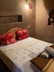 a bedroom with a large bed with red pillows at Casa Familia in Zagora