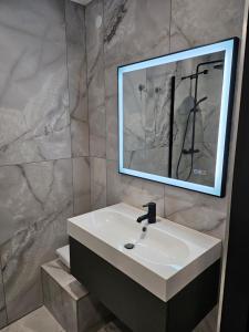 een badkamer met een witte wastafel en een spiegel bij le salon in Sablons +27 foto's