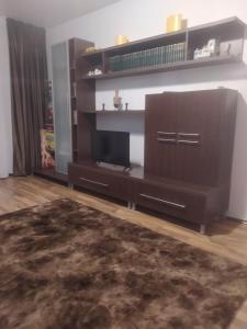 een woonkamer met een entertainmentcentrum en een televisie bij Apartament Bulevardul Oltenia in Craiova