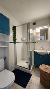 y baño con ducha, aseo y lavamanos. en Studio et parking avec plage à 350m en Canet-en-Roussillon
