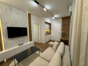 a living room with a couch and a tv on a wall at Mona Luxury Apartments - Free Garage Parking in Sarajevo