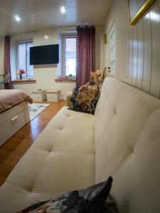 a living room with a white couch and a bed at Apartament Classic Comfort Aleja NMP 8 - Free parking in Częstochowa