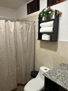 a bathroom with a shower curtain and a toilet at Hotel Victoria in Moyogalpa