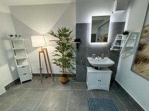 a bathroom with a sink and a potted plant at Stadtoase: Exklusive Apartments für Ruhe und Entspannung in Bremen +34 photos