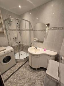 a bathroom with a sink and a shower and a toilet at Poza zgiełkiem miasta, a jednak wszystko w zasięgu in Bydgoszcz