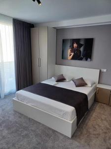 1 dormitorio con 1 cama grande con una foto en la pared en ApartHotel Oltului en Galaţi