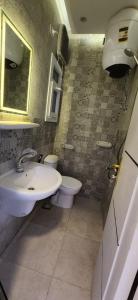 ein Badezimmer mit einem Waschbecken, einem WC und einem Spiegel in der Unterkunft Regnar hotel in Mansoura