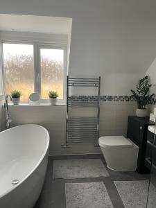 a bathroom with a tub and a toilet and a sink at Cityscape Executive House in Eltham