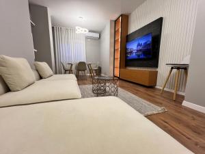 a living room with a couch and a flat screen tv at Durres Lovely Apartment in Durrës