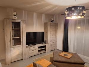a living room with a large entertainment center and a television at Résidence d'Angelo in Huy