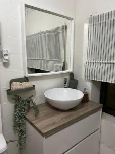 a bathroom with a white sink and a mirror at Apartamento Yeyé en Asturias in Corigos