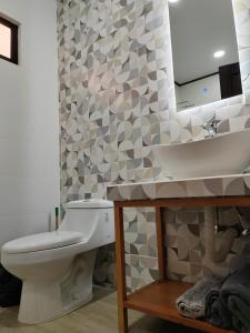 La salle de bains est pourvue de toilettes, d'un lavabo et d'un miroir. dans l'établissement Villas Brisas de Soley, à La Cruz