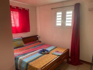 een slaapkamer met een bed en een raam met rode gordijnen bij Villa yoyo poirier in Sainte-Anne