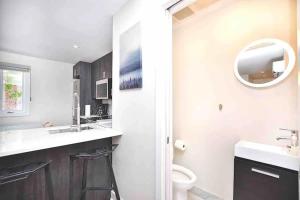 ein Badezimmer mit einem Waschbecken, einem WC und einem Spiegel in der Unterkunft BEAU 4 CHAMBRES AU COEUR DU PLATEAU MONT-ROYAL in Montreal