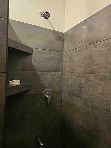 a bathroom with a shower with a shower head at Cabaña junto al río in Naranjito