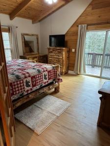 ヘンダーソンビルにあるThe Dream Road Escape Cabin and Hot Tubのベッドルーム1室(ベッド1台付)、テレビが備わるキャビンです。