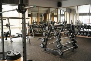 a gym with several rows of dumbbell machines at SN Residences in Vientiane