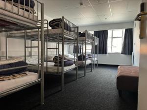 een kamer met meerdere stapelbedden in een gebouw bij Hotel Waterloo & Backpackers in Wellington