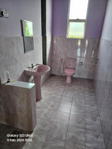 baño con aseo rosa y lavamanos en Kevin's Place, en Seeduwa
