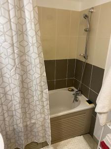 a bathroom with a shower curtain and a bath tub at F2 St Denis Jardin d'état in Saint-Denis
