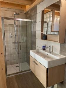 a bathroom with a sink and a shower at La Gardette in Le Freney-dʼOisans