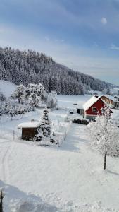 a snow covered yard with a red barn and trees at Schlömmerhaus in Michaelerberg