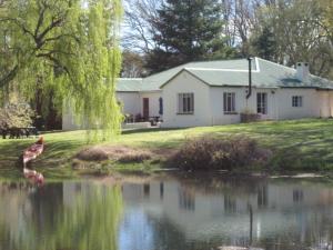 una casa blanca con un estanque delante de ella en Klondyke Cherry Farm, en Matjiesrivier