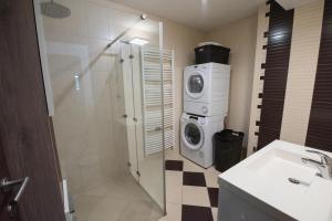 een badkamer met een wasmachine en een wastafel bij Apartma Katja in Škofja Loka