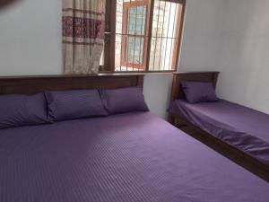 - 2 lits dans une chambre avec des draps violets et une fenêtre dans l'établissement Astral Residence, à Anurâdhapura