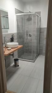 a bathroom with a glass shower and a sink at Arduino41 in San Martino Canavese