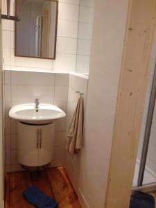 La salle de bains est pourvue d'un lavabo et d'un miroir. dans l'établissement Ferienwohnung Bernhard, à Zinnowitz