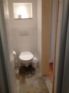 mała łazienka z toaletą i lustrem w obiekcie Ferienwohnung Bernhard w Zinnowitz
